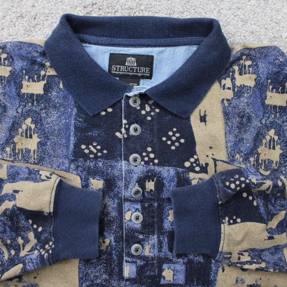 Structure Polo Shirt Mens‎ Medium Blue/Tan Geometric 100% Cotton Long Sleeve